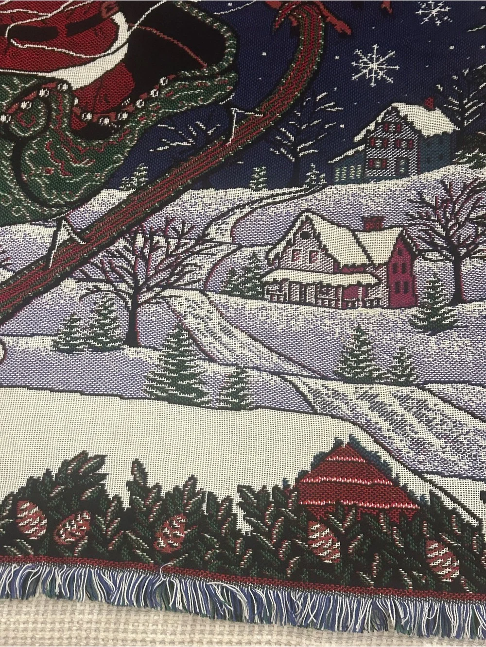 Tapestry Santa Sleigh Holiday Throw Blanket - Navy and Red